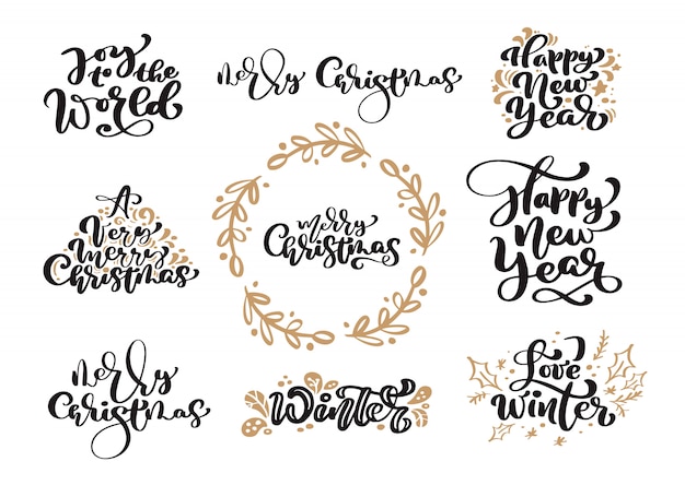 Conjunto de texto de letras caligrafía vintage de feliz navidad