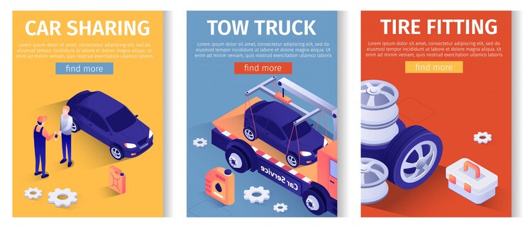 Vector conjunto de texto móvil para servicio automático en línea. compartir coche, evacuar camiones de remolque, ofertas de montaje de neumáticos.