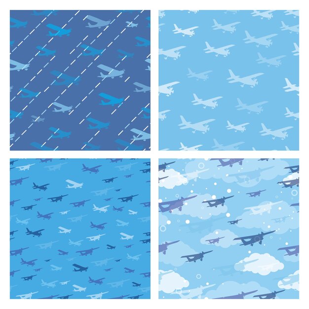 Conjunto de texturas azules con aviones y cielo.