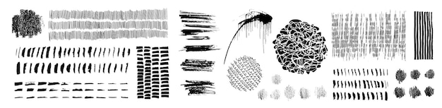 Conjunto de texturas dibujadas a mano Grungy Líneas círculos pintura líquida manchas espirales ondas pinceladas