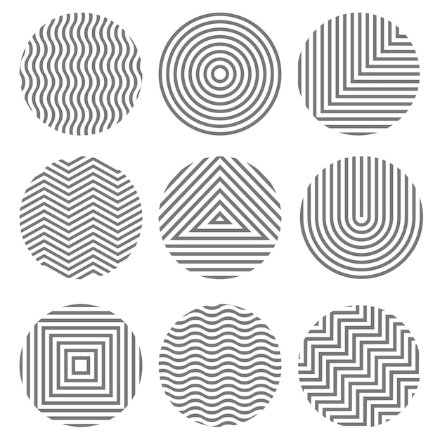 Conjunto de texturas geométricas monocromáticas en formas de círculos.