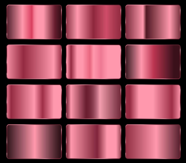 Conjunto de texturas de gradiente de lámina vectorial de oro rosa Colección de gradientes de ilustración de gradiente metálico rosado