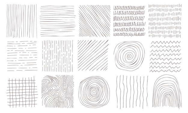 Conjunto de texturas de línea dibujada a mano Colección de trazos de ondas y garabatos vectoriales Conjunto de texturas a mano alzada de vector gráfico Líneas de tinta aisladas sobre fondo blanco