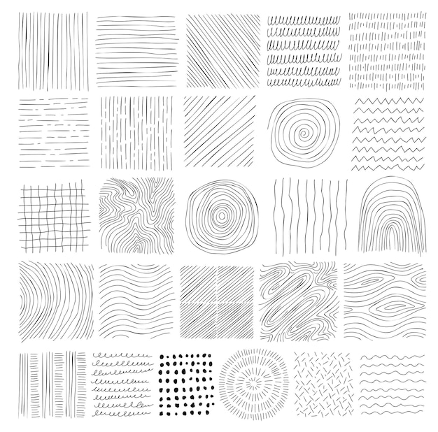 Conjunto de texturas de línea dibujada a mano Colección de trazos de ondas y garabatos vectoriales Conjunto de texturas a mano alzada de vector gráfico Líneas de tinta aisladas sobre fondo blanco