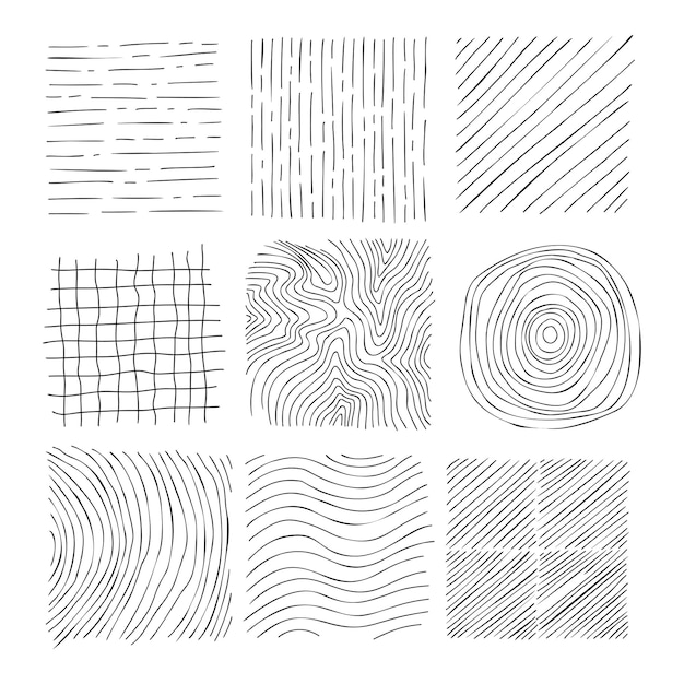 Conjunto de texturas de línea dibujada a mano Colección de trazos de ondas y garabatos vectoriales Conjunto de texturas a mano alzada de vector gráfico Líneas de tinta aisladas sobre fondo blanco