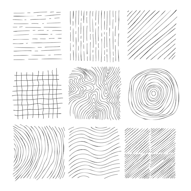 Conjunto de texturas de línea dibujada a mano colección de trazos de ondas y garabatos vectoriales conjunto de texturas a mano alzada de vector gráfico líneas de tinta aisladas sobre fondo blanco