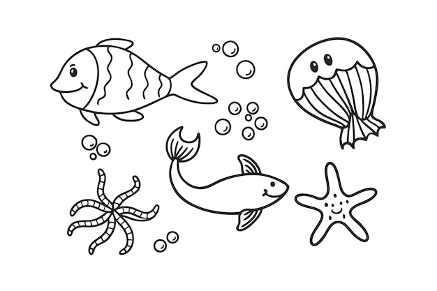 Conjunto de tiburones Personajes de dibujos animados para la ilustración Estilo blanco y negro Ilustración vectorial de un lindo