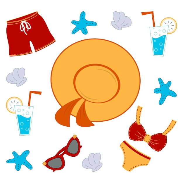Conjunto de tiempo de playa Ilustraciones de estilo plano de dibujos animados