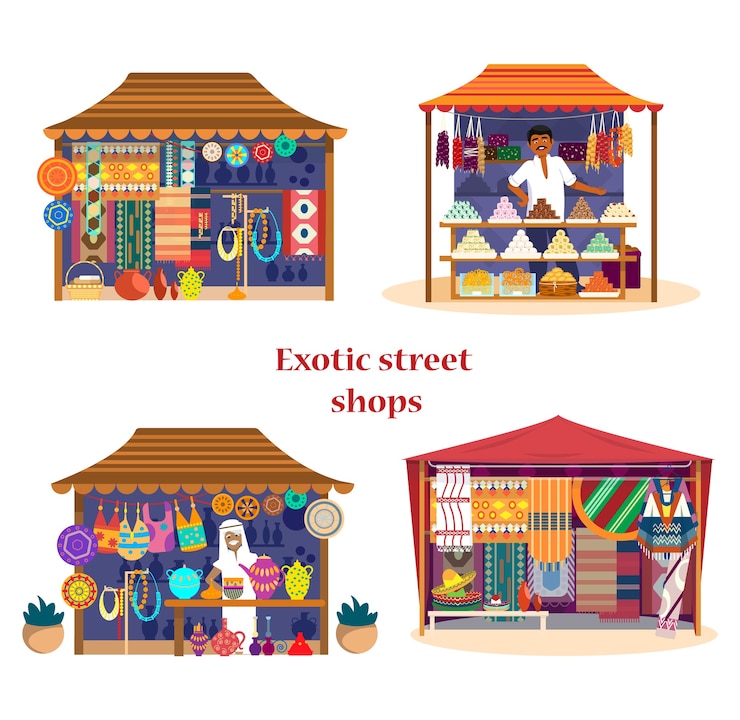 Vector conjunto de tiendas callejeras exóticas mercado asiático