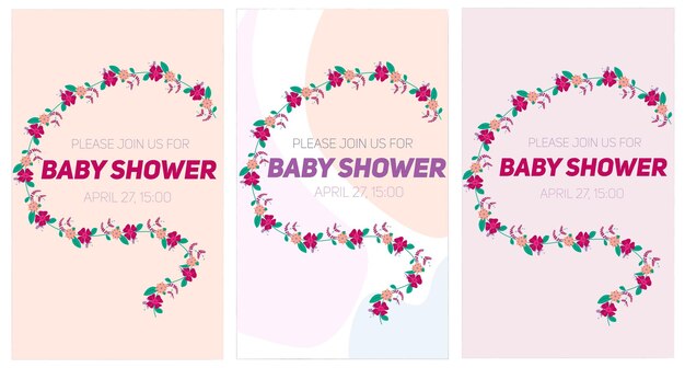 Conjunto de tierna invitación a baby shower con diseño floral sobre un fondo colorido