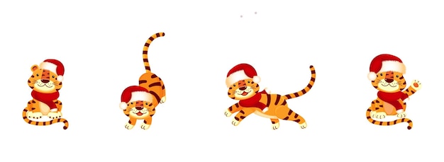 Conjunto de tigres de año nuevo en gorro de Papá Noel sobre fondo blanco aislado