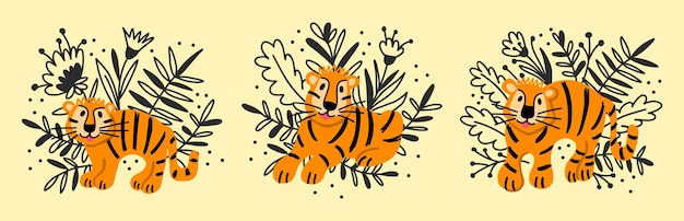 Un conjunto con tigres y flores divertidos de dibujos animados al estilo de los niños.