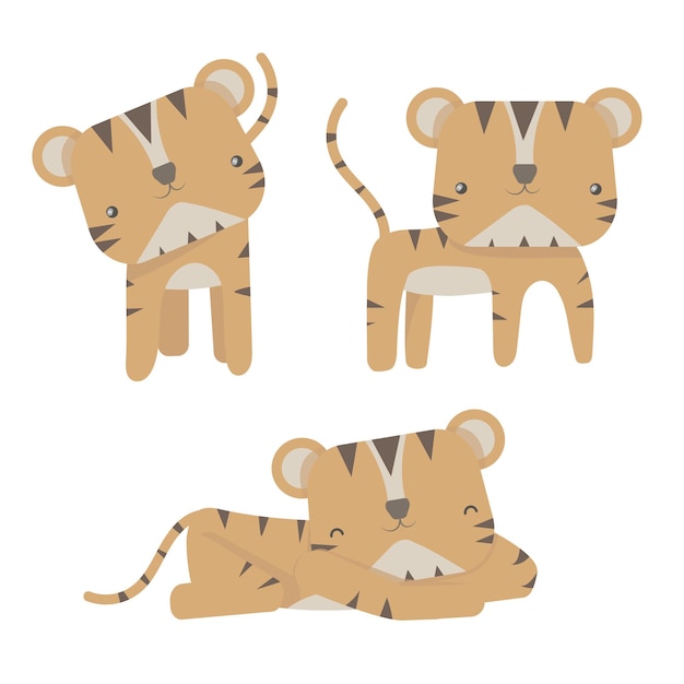 Conjunto de tigres lindos animales divertidos del doodle tigre pequeño en estilo de dibujos animados ilustración vectorial