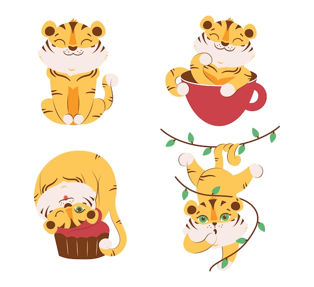 El conjunto de tigres salvajes con cupcake de cacao deja a los animales lindos buenos para los logotipos