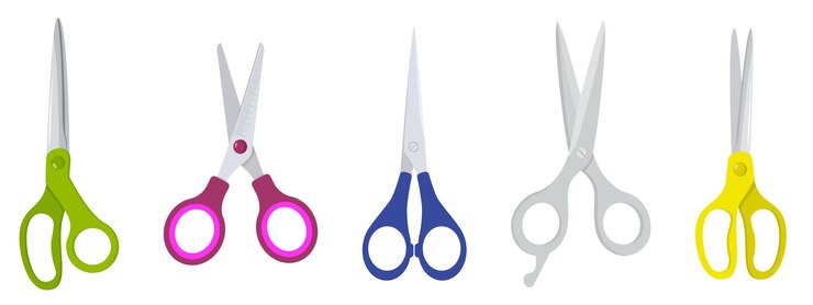Vector conjunto de tijeras lindas al estilo de dibujos animados ilustración vectorial de tijeras de colores de diferentes formas aisladas en fondo blanco papelería y suministros de oficina