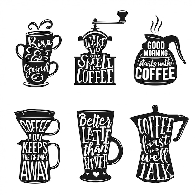 Conjunto de tipografía relacionada con café. Ilustraciones de vectores de la vendimia.