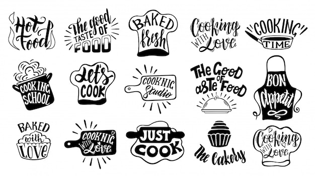 Conjunto de tipografía relacionada con la cocina. citas sobre cocina. redacción de cocina. restaurante, menú, conjunto de etiquetas de alimentos. cocina, cocina, icono de cocina o logotipo. letras, ilustración de caligrafía