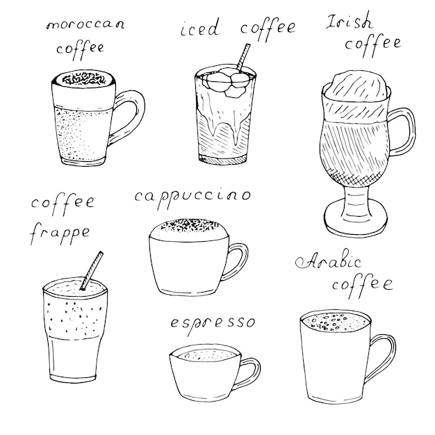 Conjunto de tipos de café en tazas y vasos con inscripciones, ilustración vectorial, dibujo a mano, boceto