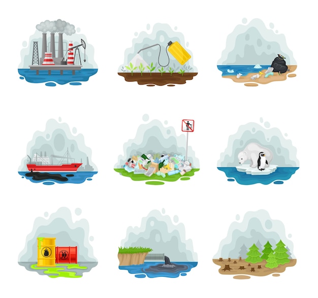 Conjunto de tipos de diferentes formas de contaminación del aire. | Vector  Premium