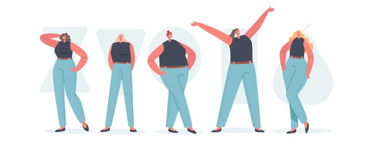 Vector conjunto de tipos de figuras corporales femeninas personajes femeninos reloj de arena triángulo invertido rectángulo redondo y formas de pera niñas posando aisladas sobre fondo blanco personas de dibujos animados ilustración vectorial