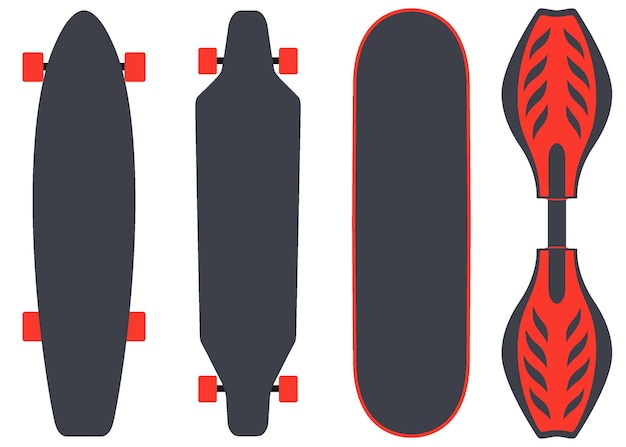Conjunto de tipos de patinetas Diferentes patinetas en los mismos colores Vista superior y vista lateral de las patinetas
