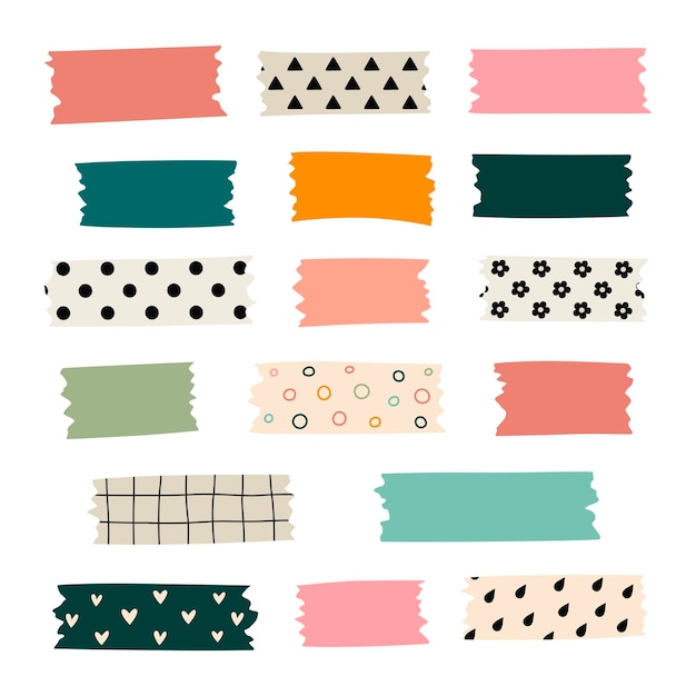 Vector conjunto de tiras de cinta washi estampadas de colores ilustración vectorial de una linda cinta adhesiva decorativa
