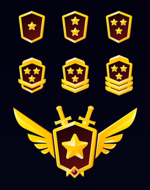 Un conjunto de títulos de juegos geniales y rangos de altos rangos con estrellas Progreso en la aplicación de fantasía para clasificar al ejército