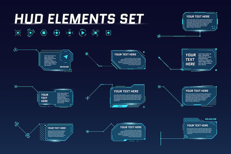 Conjunto de títulos de llamada futurista digital de HUD. Diga en voz alta las etiquetas de la barra de marcos de ciencia ficción. Presentación o infografía plantillas de diseño de cuadro de información digital moderna. Interfaz HUD UI GUI element. Ilustración vectorial
