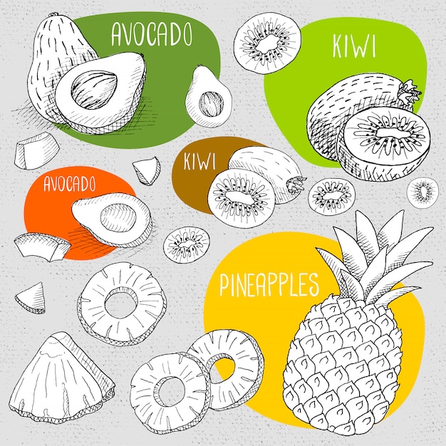 Vector conjunto de tiza dibujada en una pizarra de alimentos.