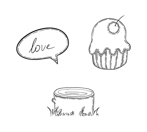 Conjunto de tocón con nube de diálogo de hierba con inscripción amor cupcake con cerezas comida doodle dibujos animados lineales libro para colorear
