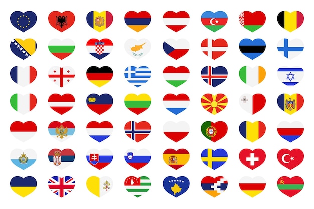 Conjunto de todas las banderas de Europa en forma de corazones