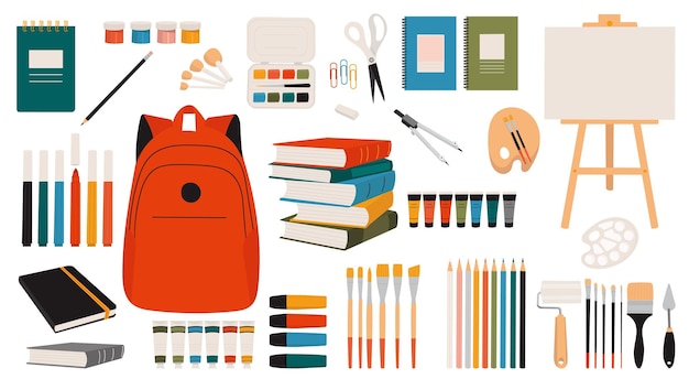 conjunto de todo para la escuela mochilas libros cuadernos en estilo plano en un vector de fondo blanco