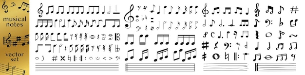 Conjunto de todos los símbolos de notas musicales vector de diseño plano Iconos de notas musicales dibujados a mano aislados