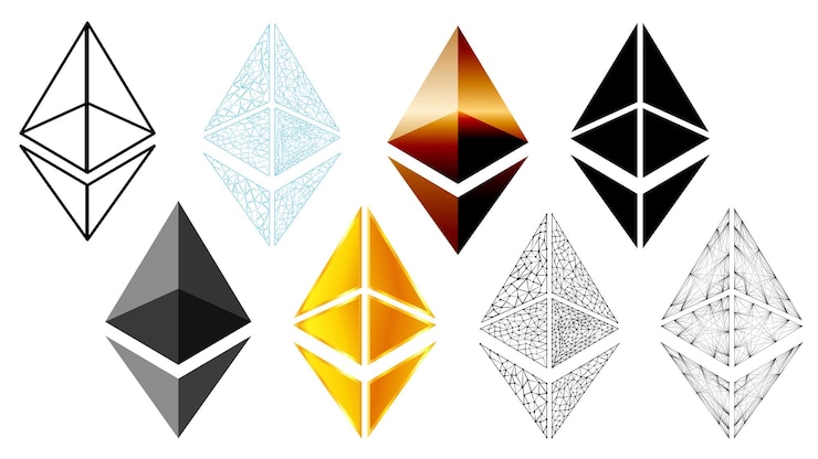 Vector conjunto de token ethereum eth en colores dorados y estilo de estructura alámbrica aislado en fondo blanco para sitio web o elemento de diseño de banner