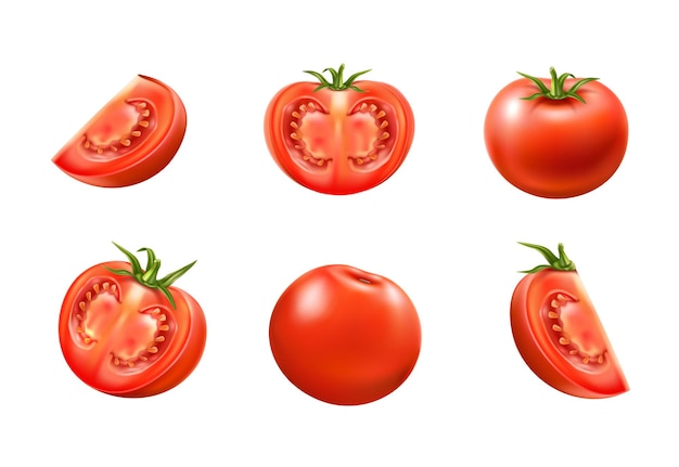 conjunto de tomate rojo maduro entero y en rodajas. jugosas verduras crudas para el envasado de productos de alimentación saludable. Ingrediente vegetal fresco, alimentos orgánicos.