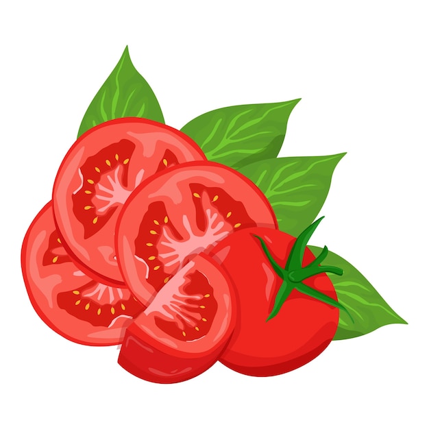 conjunto, de, tomates, aislado, blanco, plano de fondo, hojas, vector, elemento, conjunto, de, entero, cortado, por, mitad