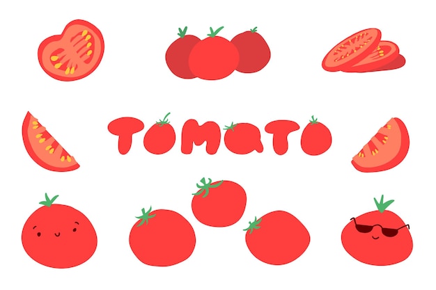 Conjunto de tomates frescos de dibujos animados natural saludable