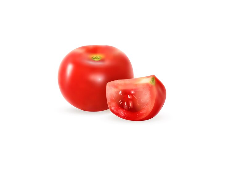 Vector conjunto de tomates maduros rojos frescos realistas, tomates enteros y cortados para alimentos y granjas orgánicas