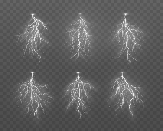 Vector conjunto de tormenta realista. descargar corriente eléctrica.