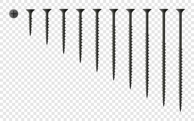 Conjunto de tornillos de madera aislados en un fondo transparente Ilustración vectorial 3D realista