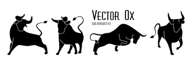 Vector conjunto de toros silueta negra de buey iconos de diseño de búfalo de pie en diferentes poses con cuernos