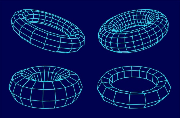 Conjunto de tors de una malla de alambre sobre fondo azul Colección de tors para su uso en el diseño de HUD Concepto de línea de red Formas geométricas abstractas creativas Ilustración vectorial