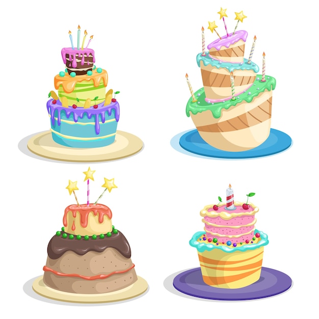 Conjunto de tortas de cumpleaños de dibujos animados. Estilo plano divertido. tortas con chocolate, velas, crema dulce y glaseado, ilustraciones de vectores aislados en blanco.