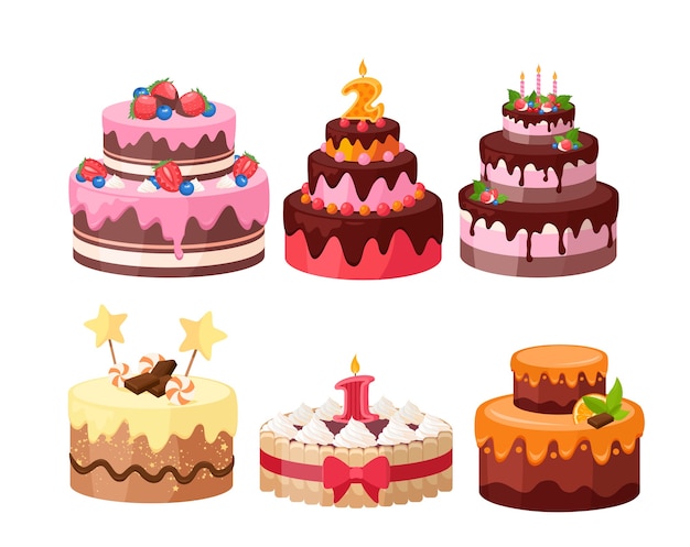 Conjunto de tortas escalonadas. Tartas de cumpleaños y bodas decoradas con dulces, chocolate, bayas y frutas