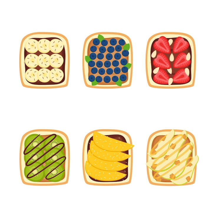 Vector conjunto de tostadas con bayas y frutas para el desayuno sobre fondo blanco, ilustración vectorial