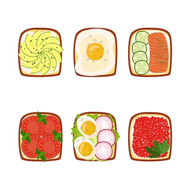 Conjunto de tostadas para el desayuno con diferentes ingredientes, ilustración vectorial