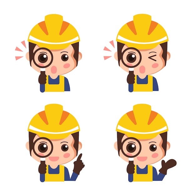 Conjunto de trabajador de la construcción mirando a través de una lupa. Dibujos animados de seguridad industrial. ilustración vectorial