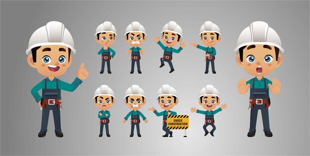 Conjunto de trabajador. Diferentes poses y gestos.