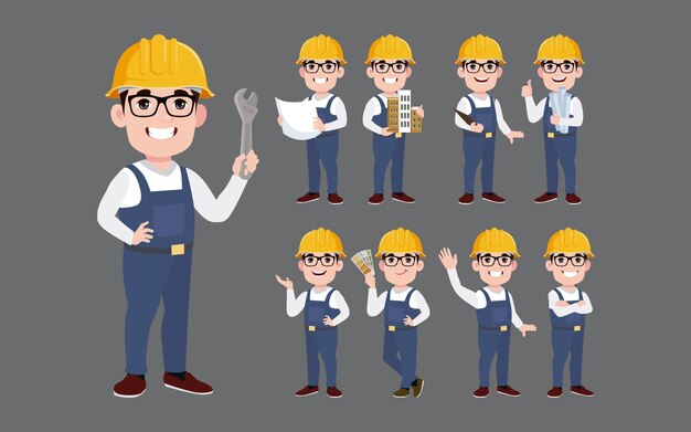 Conjunto de trabajador con diferentes poses.