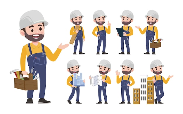 Conjunto de trabajador con diferentes poses.